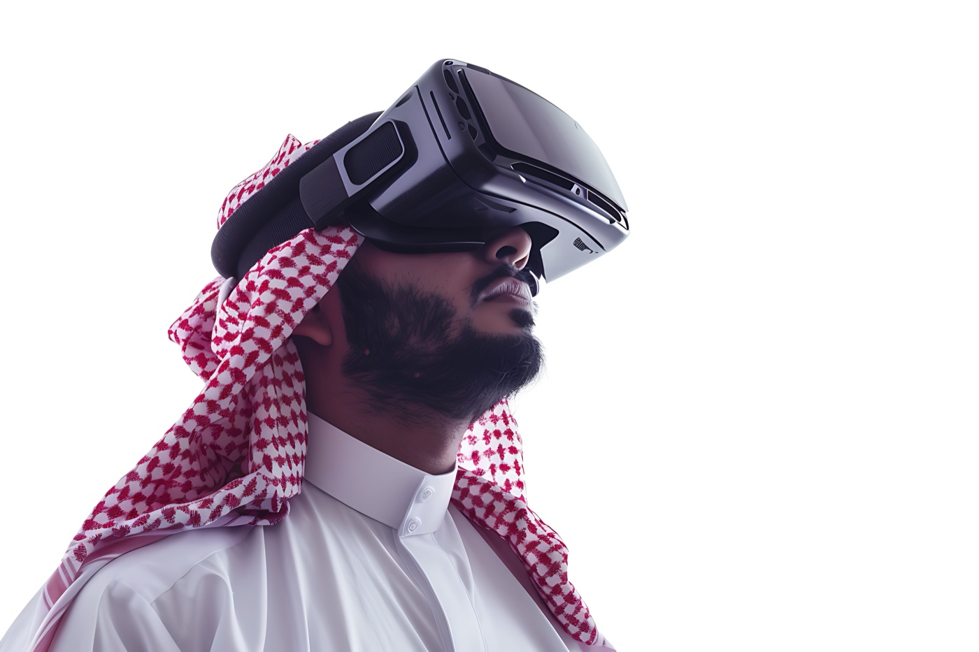 A Saudi man wearing a VR headset